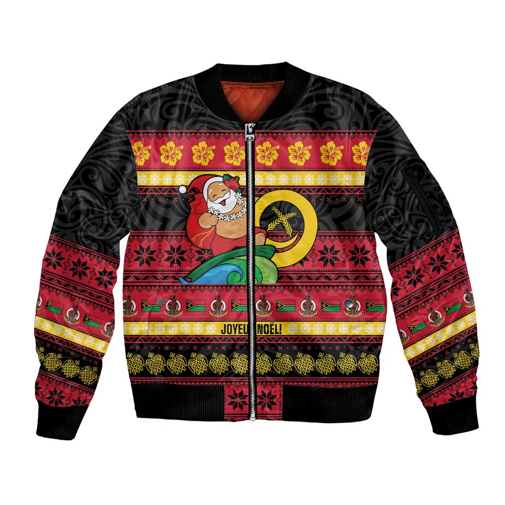 Vanuatu Christmas Sleeve Zip Bomber Jacket Joyeux Noel Surfing Santa With Boar Tusk - Polynesian Pride