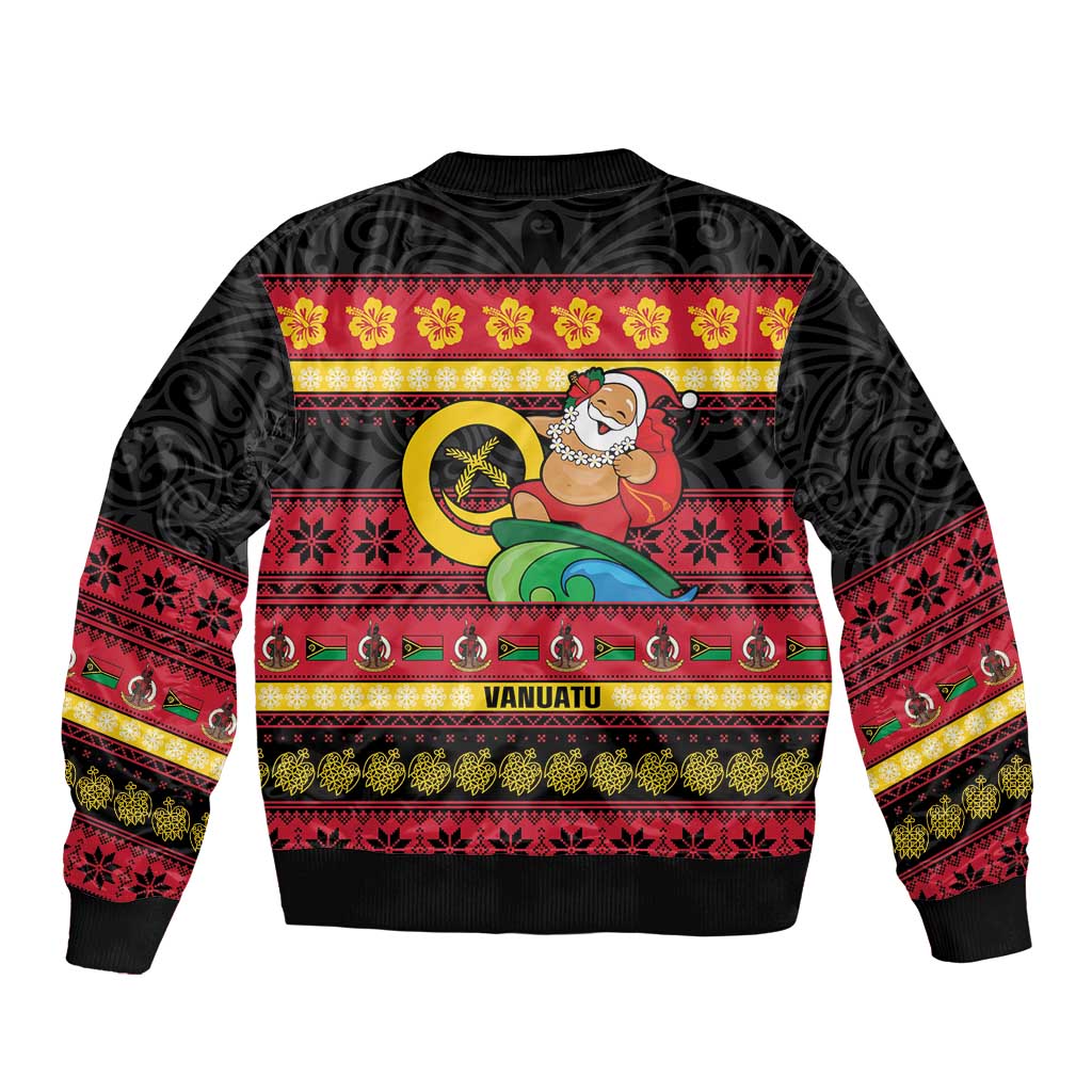 Vanuatu Christmas Sleeve Zip Bomber Jacket Joyeux Noel Surfing Santa With Boar Tusk - Polynesian Pride