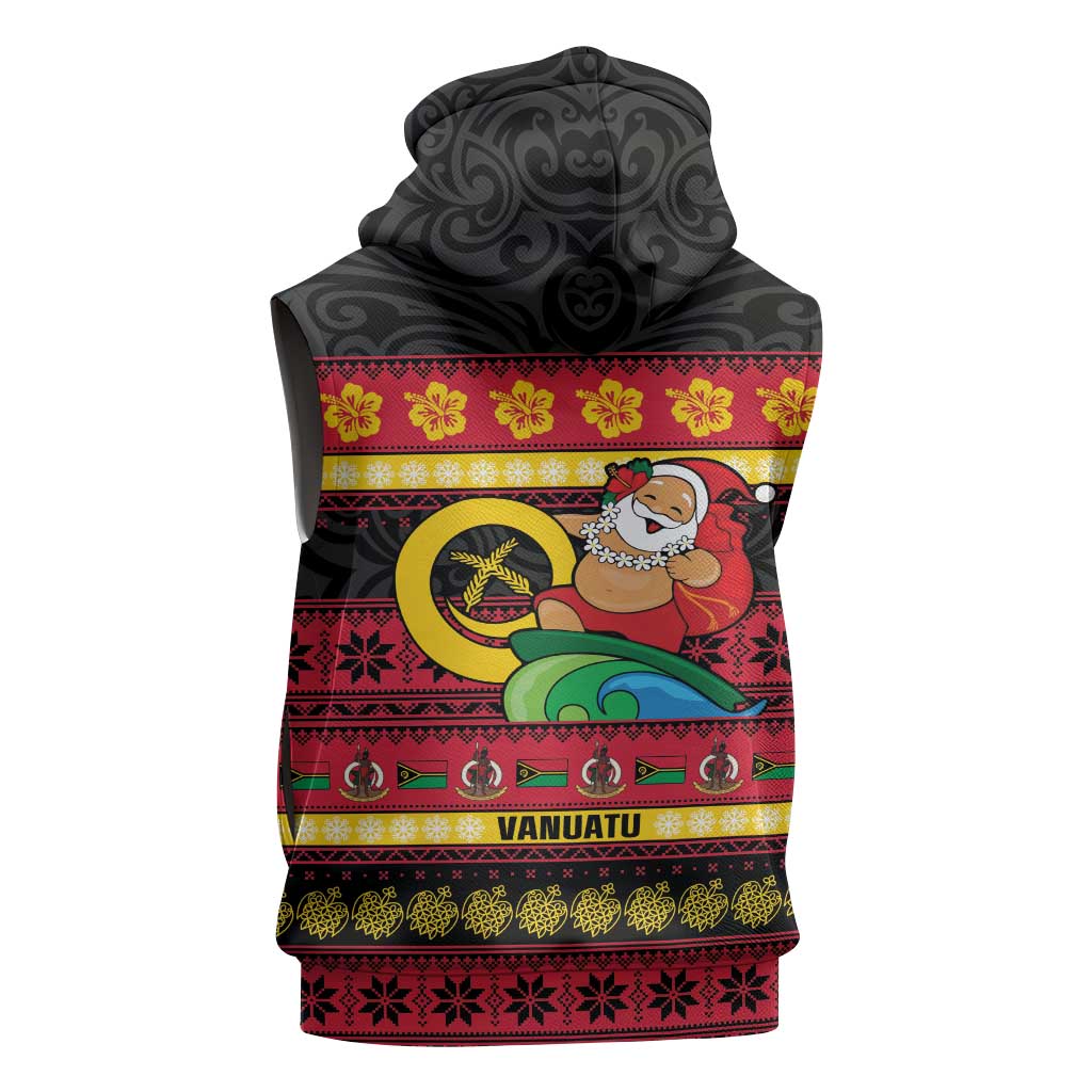 Vanuatu Christmas Sleeveless Hoodie Joyeux Noel Surfing Santa With Boar Tusk - Polynesian Pride
