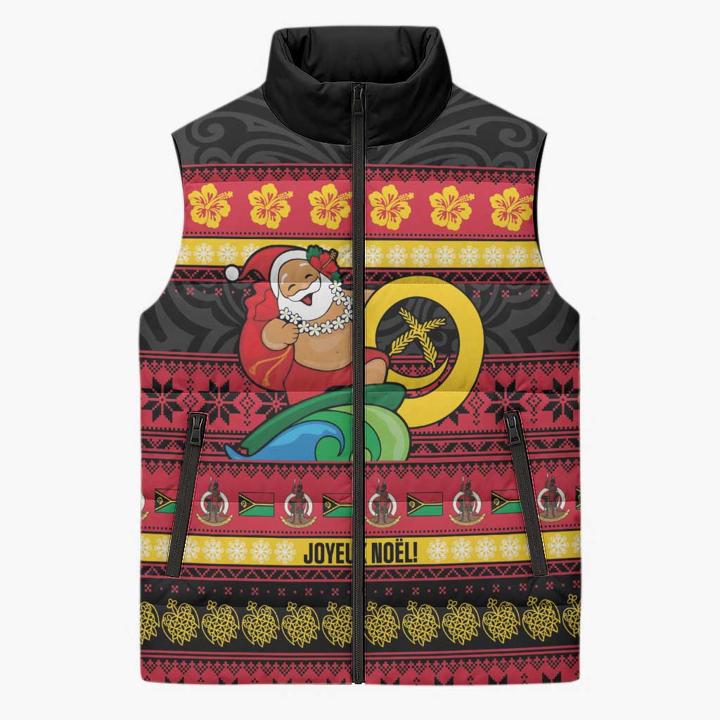 Vanuatu Christmas Sleeveless Puffer Jacket Joyeux Noel Surfing Santa With Boar Tusk - Polynesian Pride
