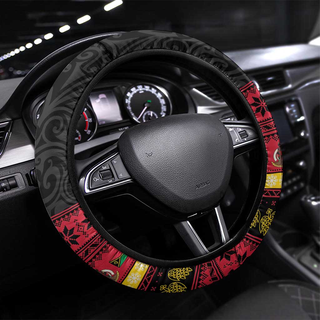 Vanuatu Christmas Steering Wheel Cover Joyeux Noel Surfing Santa With Boar Tusk - Polynesian Pride