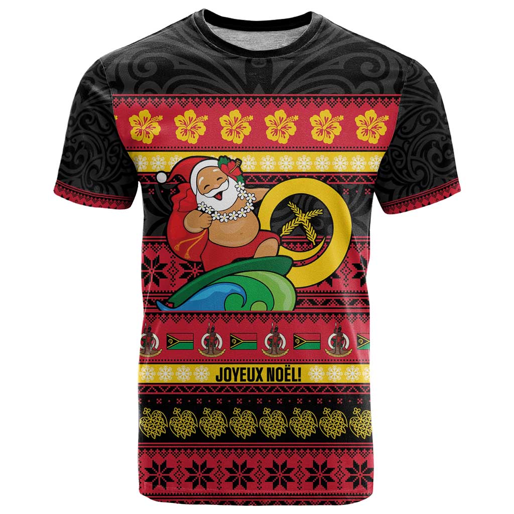 Vanuatu Christmas T Shirt Joyeux Noel Surfing Santa With Boar Tusk - Polynesian Pride