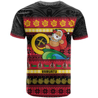 Vanuatu Christmas T Shirt Joyeux Noel Surfing Santa With Boar Tusk - Polynesian Pride