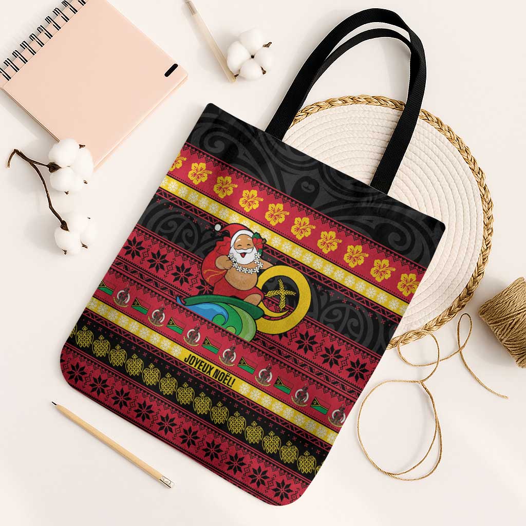 Vanuatu Christmas Tote Bag Joyeux Noel Surfing Santa With Boar Tusk - Polynesian Pride
