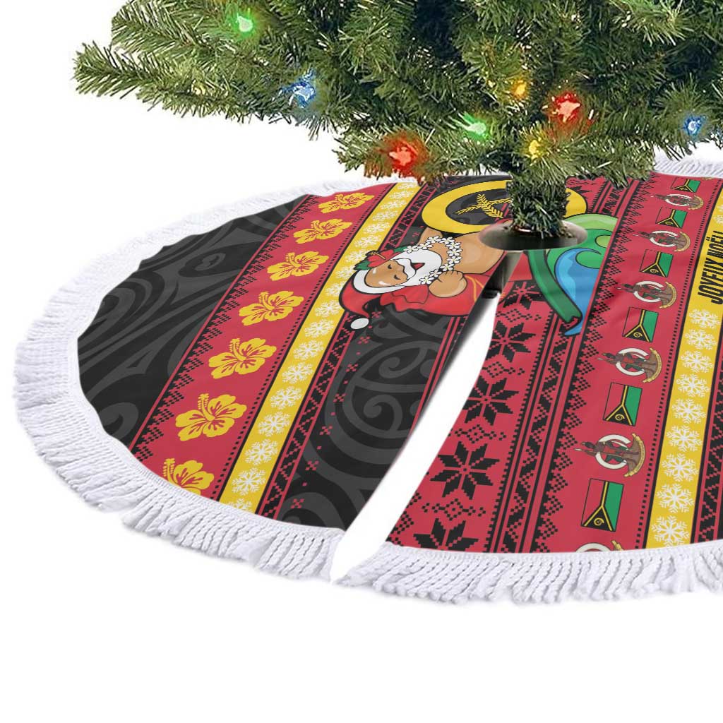 Vanuatu Christmas Tree Skirt Joyeux Noel Surfing Santa With Boar Tusk - Polynesian Pride