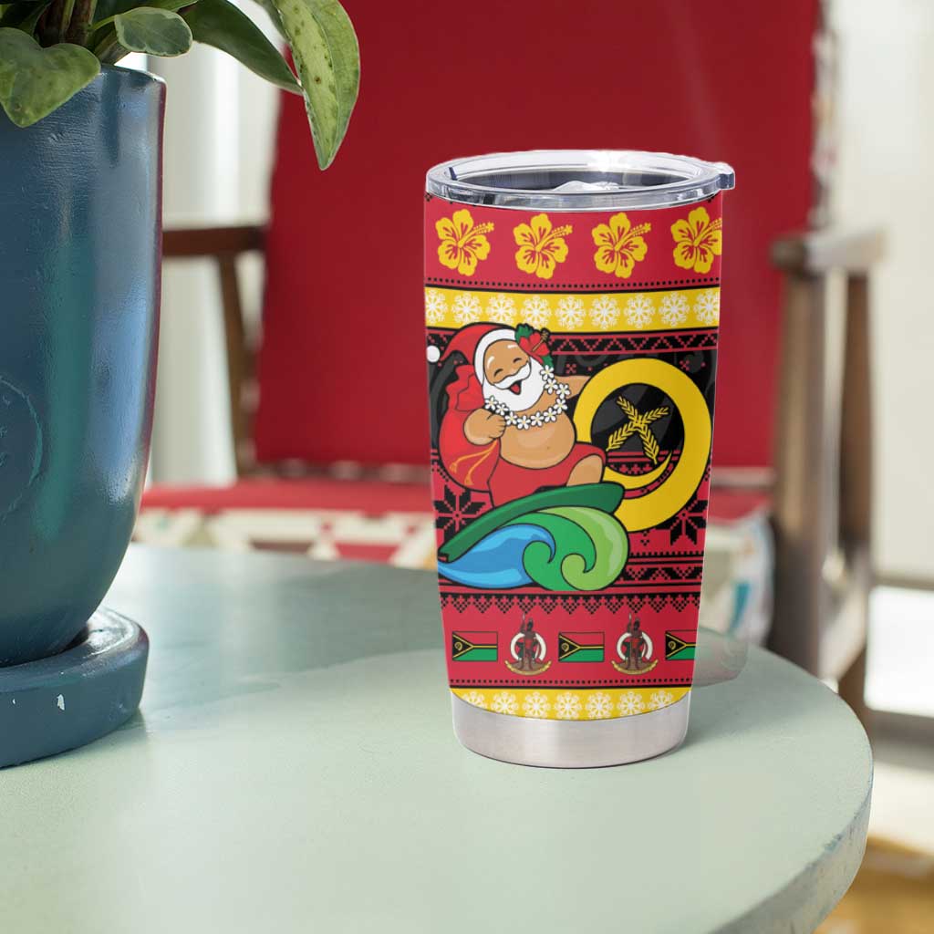 Vanuatu Christmas Tumbler Cup Joyeux Noel Surfing Santa With Boar Tusk - Polynesian Pride