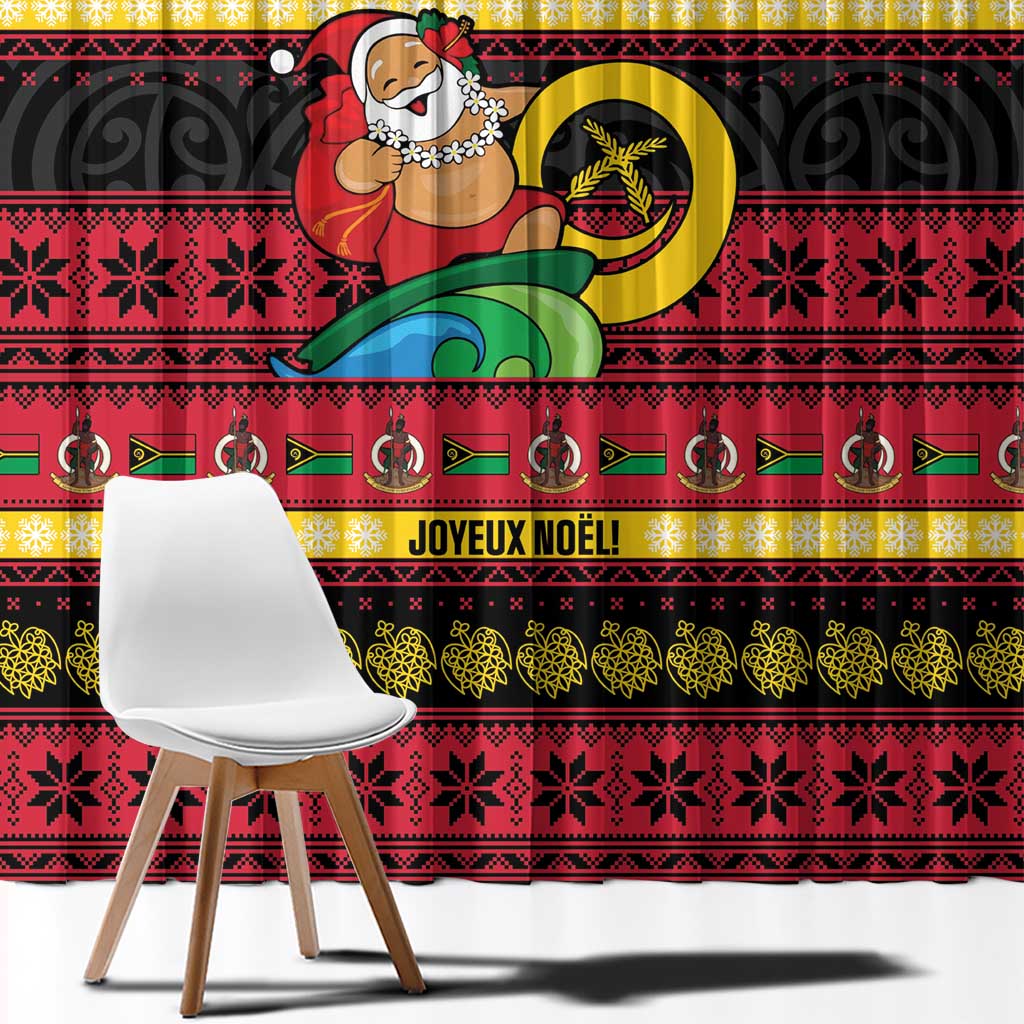 Vanuatu Christmas Window Curtain Joyeux Noel Surfing Santa With Boar Tusk - Polynesian Pride