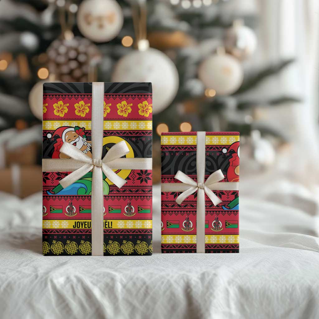 Vanuatu Christmas Wrapping Paper Joyeux Noel Surfing Santa With Boar Tusk - Polynesian Pride