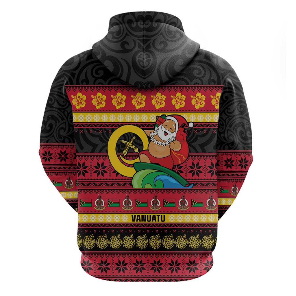 Vanuatu Christmas Zip Hoodie Joyeux Noel Surfing Santa With Boar Tusk - Polynesian Pride