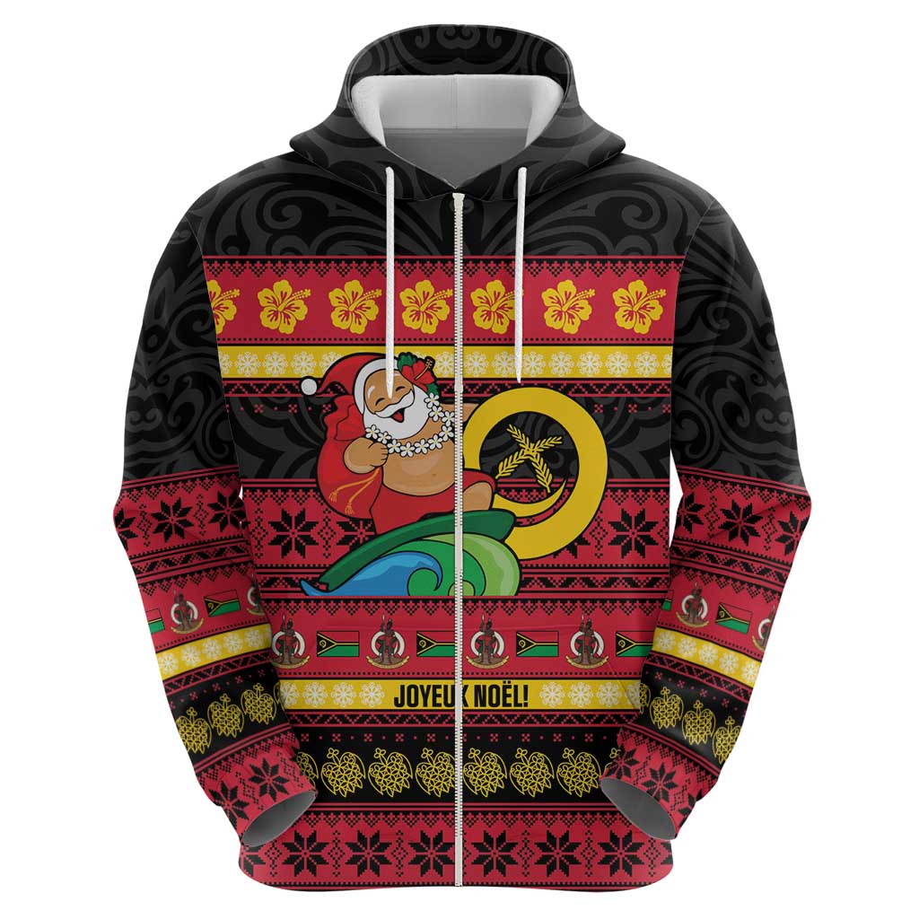 Vanuatu Christmas Zip Hoodie Joyeux Noel Surfing Santa With Boar Tusk - Polynesian Pride