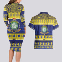 Niue Christmas Couples Matching Long Sleeve Bodycon Dress and Hawaiian Shirt Monuina e Kilisimasi Hiapo Motifs - Polynesian Pride
