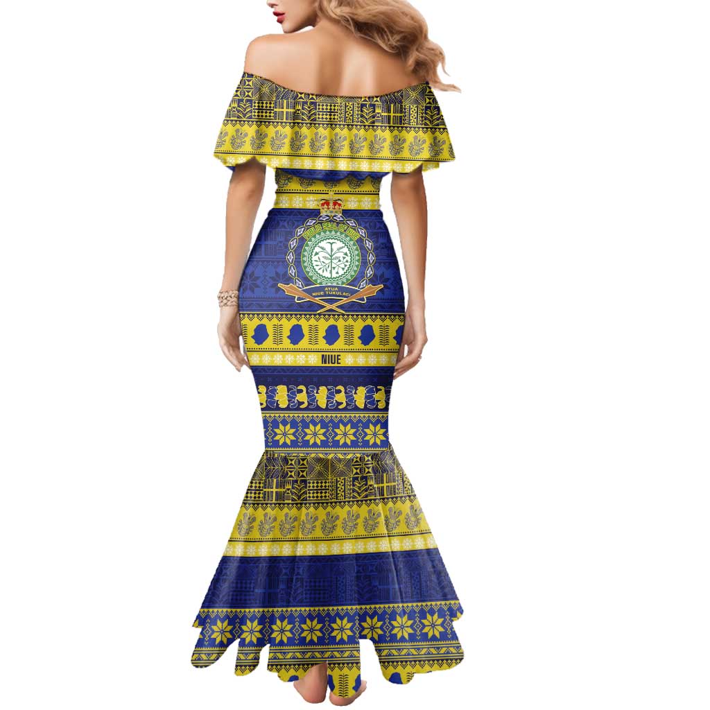 Niue Christmas Family Matching Mermaid Dress and Hawaiian Shirt Monuina e Kilisimasi Hiapo Motifs - Polynesian Pride