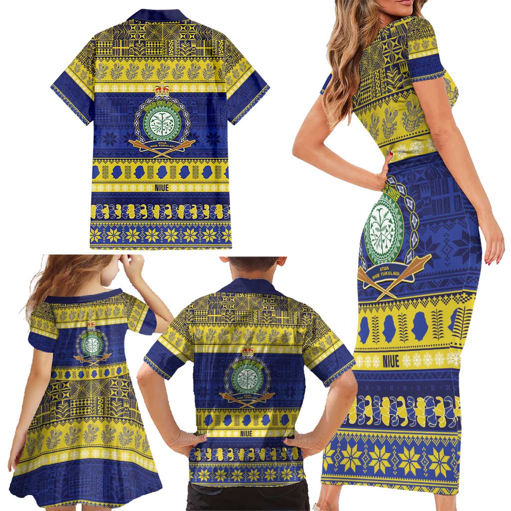 Niue Christmas Family Matching Short Sleeve Bodycon Dress and Hawaiian Shirt Monuina e Kilisimasi Hiapo Motifs - Polynesian Pride