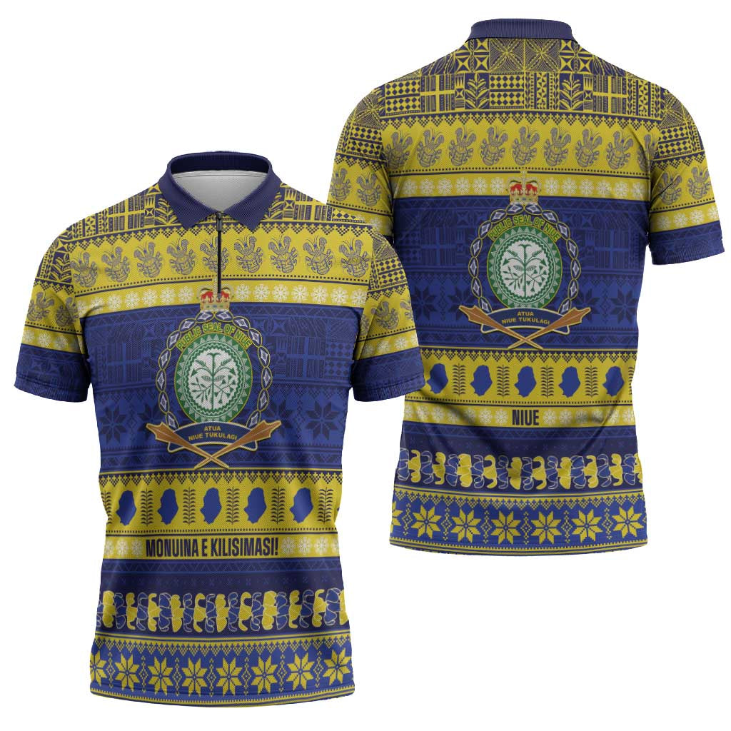 Niue Christmas Zipper Polo Shirt Monuina e Kilisimasi Hiapo Motifs - Polynesian Pride