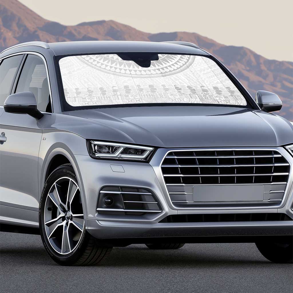 Niue White Sunday Auto Sun Shade Tapu Fanau Ia Puakenikeni Hiapo Pattern - Polynesian Pride