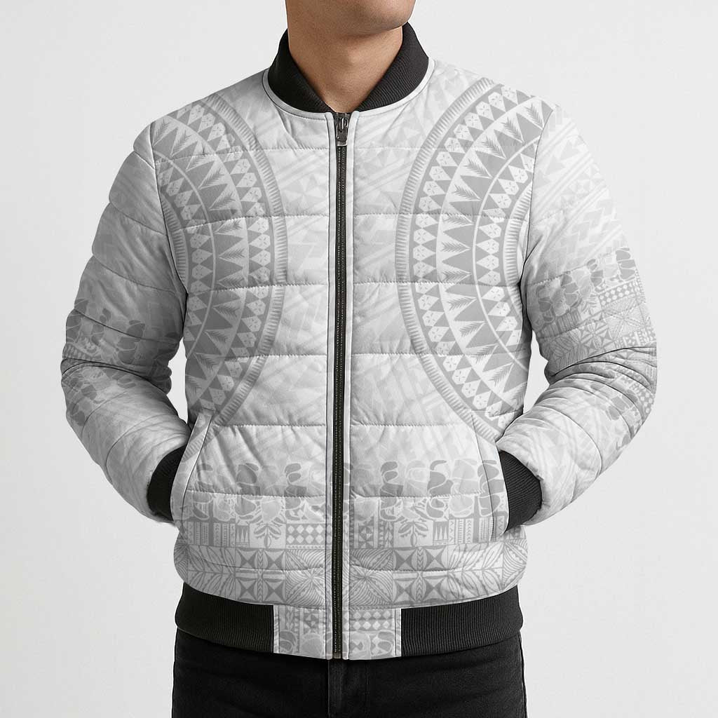 Niue White Sunday Bomber Puffer Jacket Tapu Fanau Ia Puakenikeni Hiapo Pattern - Polynesian Pride
