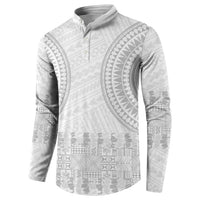 Niue White Sunday Button Sweatshirt Tapu Fanau Ia Puakenikeni Hiapo Pattern - Polynesian Pride