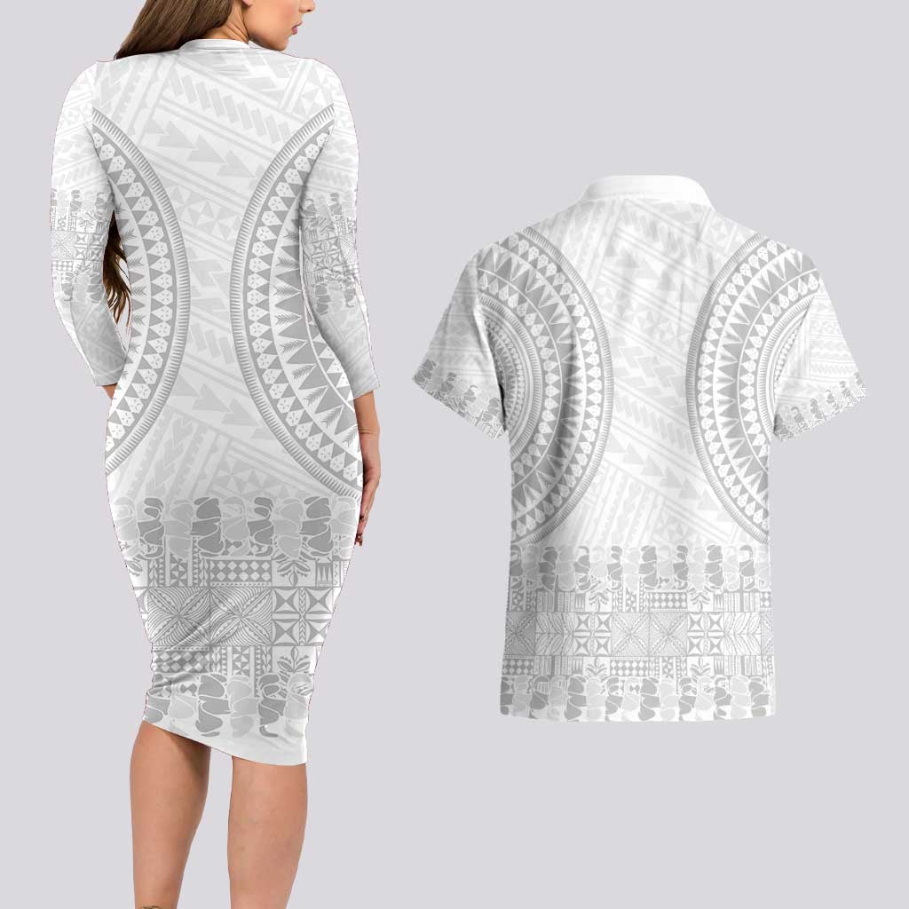 Niue White Sunday Couples Matching Long Sleeve Bodycon Dress and Hawaiian Shirt Tapu Fanau Ia Puakenikeni Hiapo Pattern - Polynesian Pride