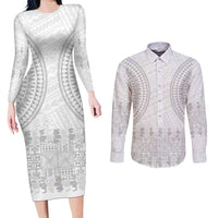 Niue White Sunday Couples Matching Long Sleeve Bodycon Dress and Long Sleeve Button Shirt Tapu Fanau Ia Puakenikeni Hiapo Pattern - Polynesian Pride