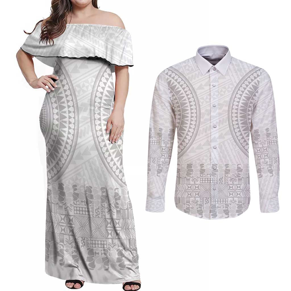 Niue White Sunday Couples Matching Off Shoulder Maxi Dress and Long Sleeve Button Shirt Tapu Fanau Ia Puakenikeni Hiapo Pattern - Polynesian Pride