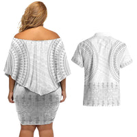 Niue White Sunday Couples Matching Off Shoulder Short Dress and Hawaiian Shirt Tapu Fanau Ia Puakenikeni Hiapo Pattern - Polynesian Pride