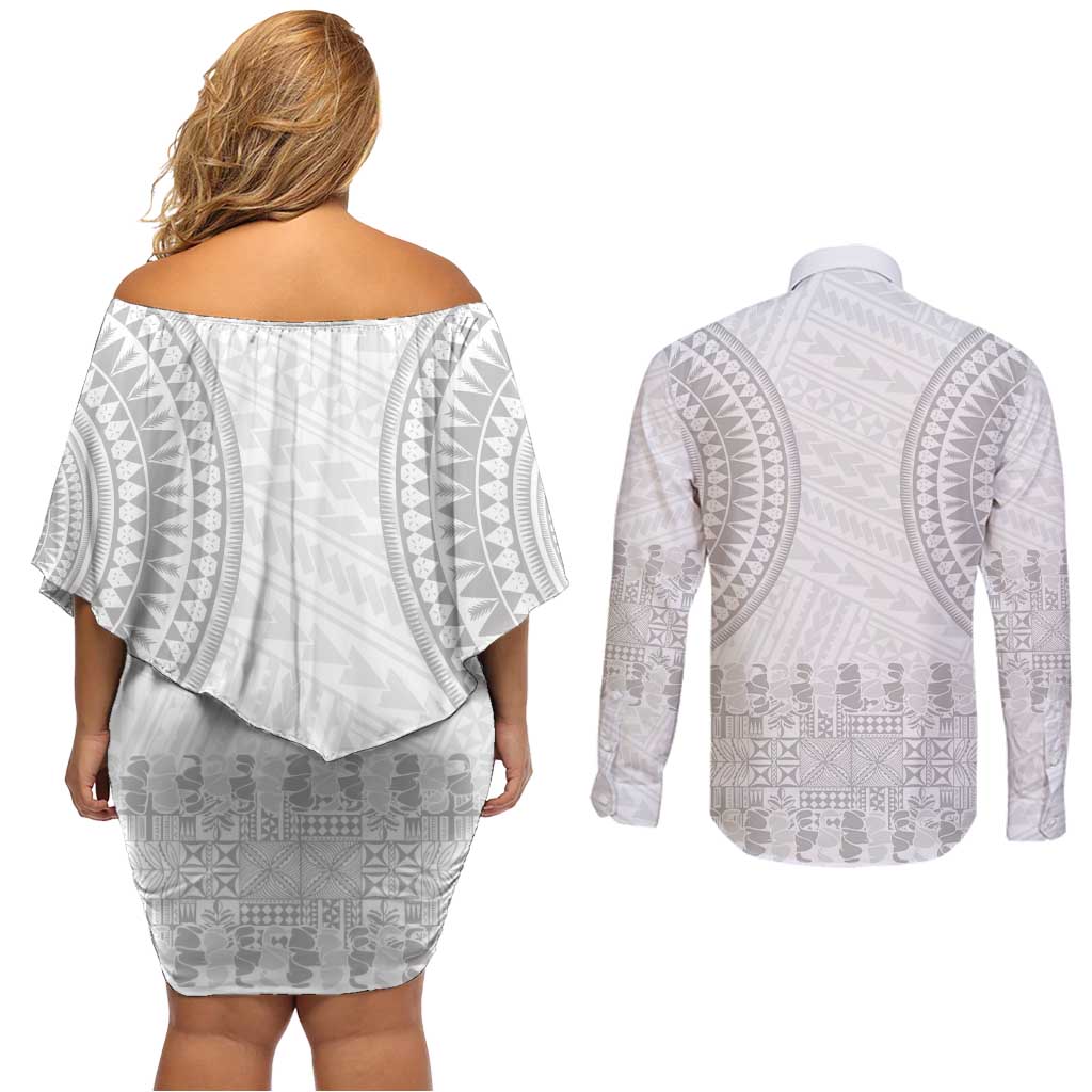 Niue White Sunday Couples Matching Off Shoulder Short Dress and Long Sleeve Button Shirt Tapu Fanau Ia Puakenikeni Hiapo Pattern - Polynesian Pride
