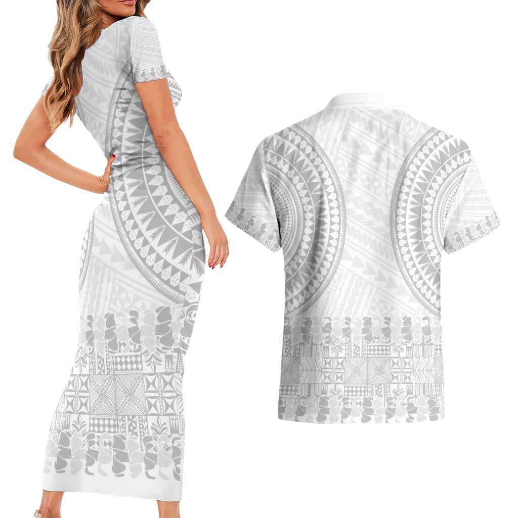 Niue White Sunday Couples Matching Short Sleeve Bodycon Dress and Hawaiian Shirt Tapu Fanau Ia Puakenikeni Hiapo Pattern - Polynesian Pride