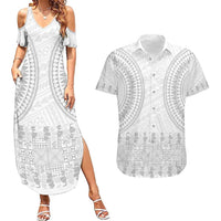 Niue White Sunday Couples Matching Summer Maxi Dress and Hawaiian Shirt Tapu Fanau Ia Puakenikeni Hiapo Pattern - Polynesian Pride