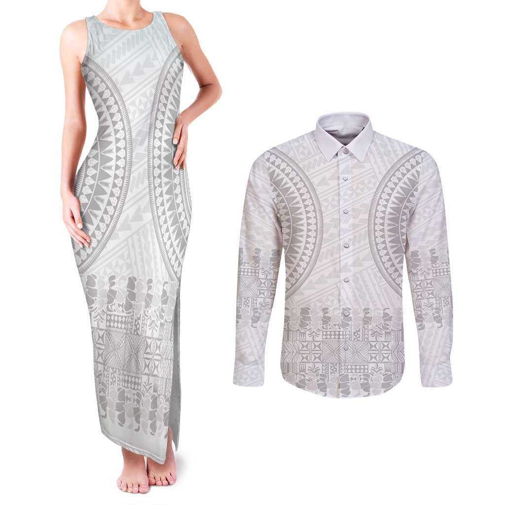 Niue White Sunday Couples Matching Tank Maxi Dress and Long Sleeve Button Shirt Tapu Fanau Ia Puakenikeni Hiapo Pattern - Polynesian Pride