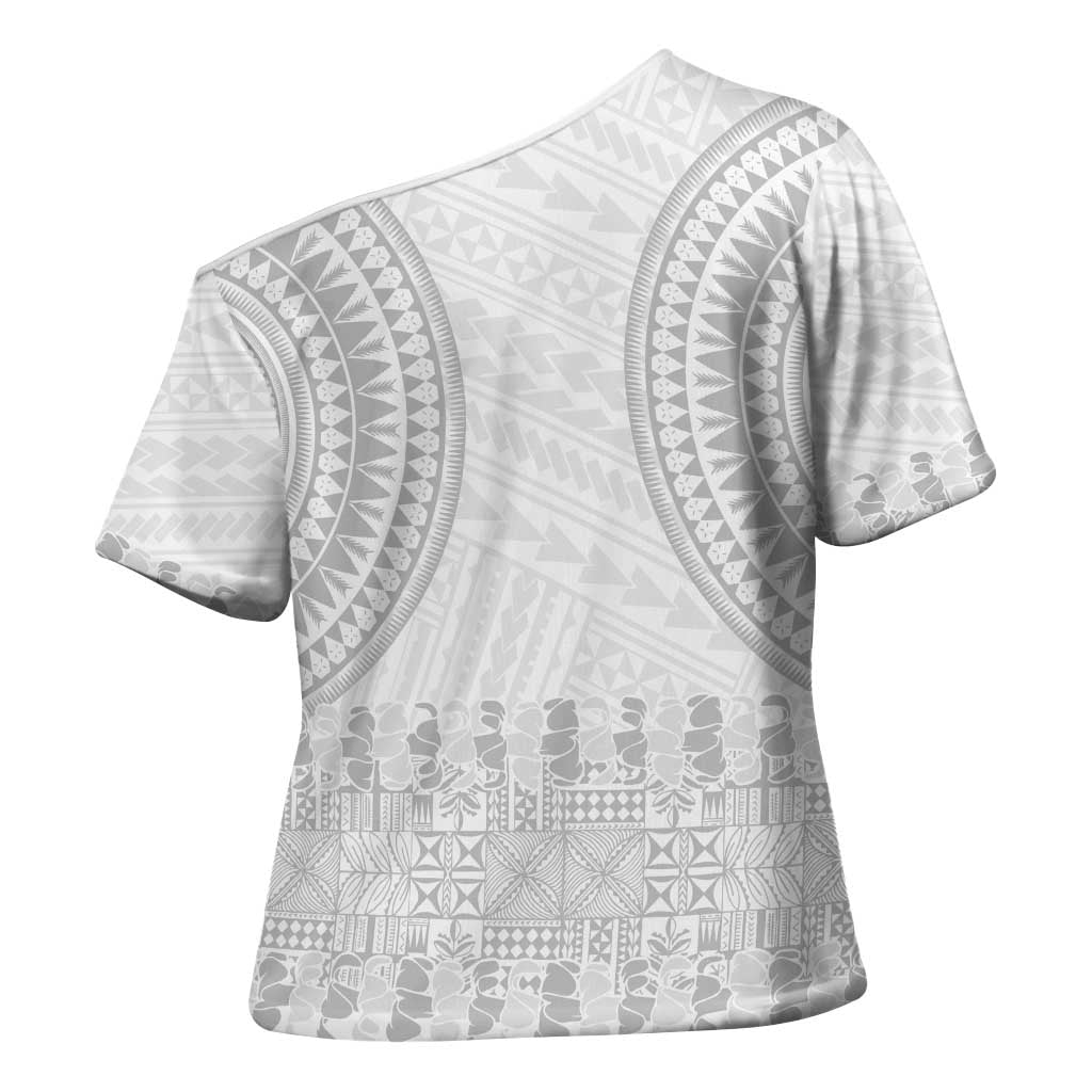 Niue White Sunday Cross Shoulder Shirt Tapu Fanau Ia Puakenikeni Hiapo Pattern - Polynesian Pride