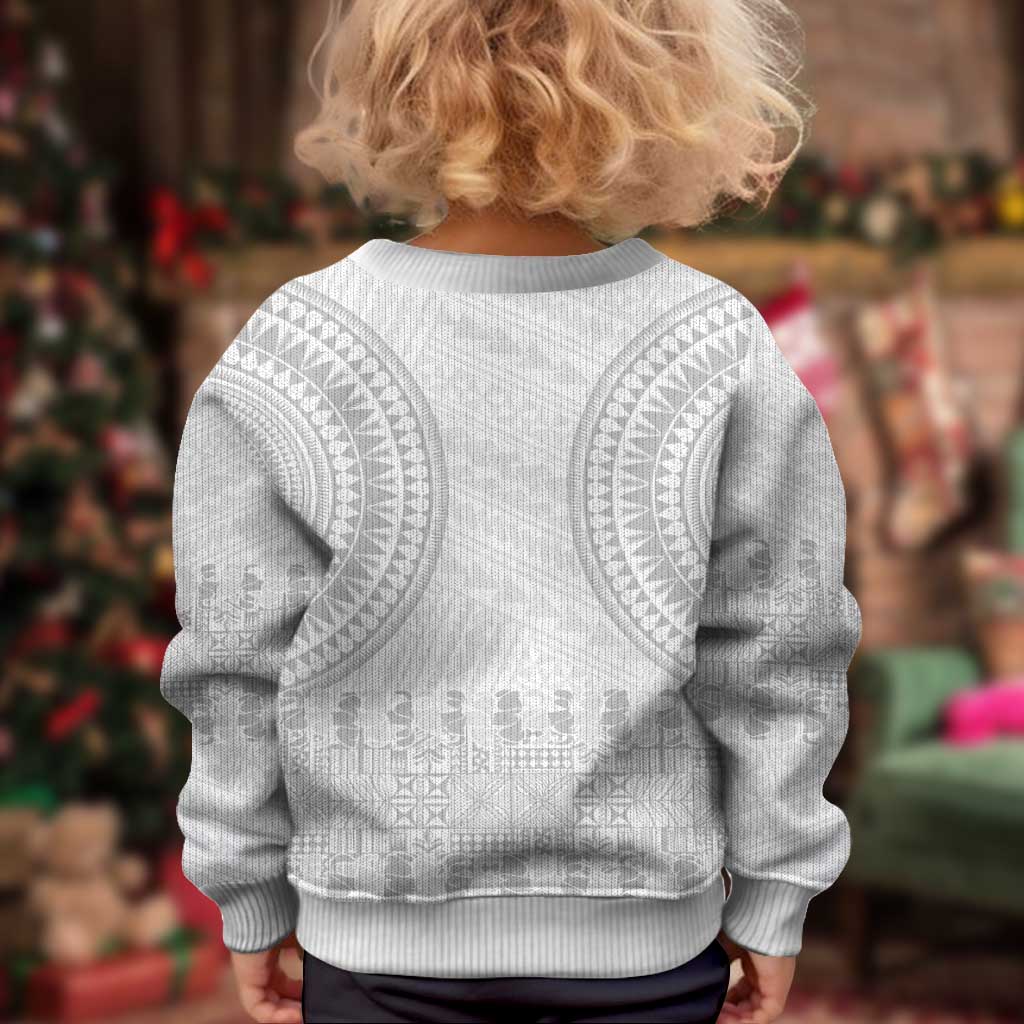 Niue White Sunday Kid Ugly Christmas Sweater Tapu Fanau Ia Puakenikeni Hiapo Pattern - Polynesian Pride