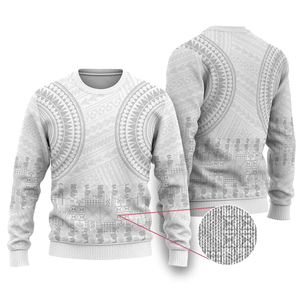 Niue White Sunday Ugly Christmas Sweater Tapu Fanau Ia Puakenikeni Hiapo Pattern - Polynesian Pride