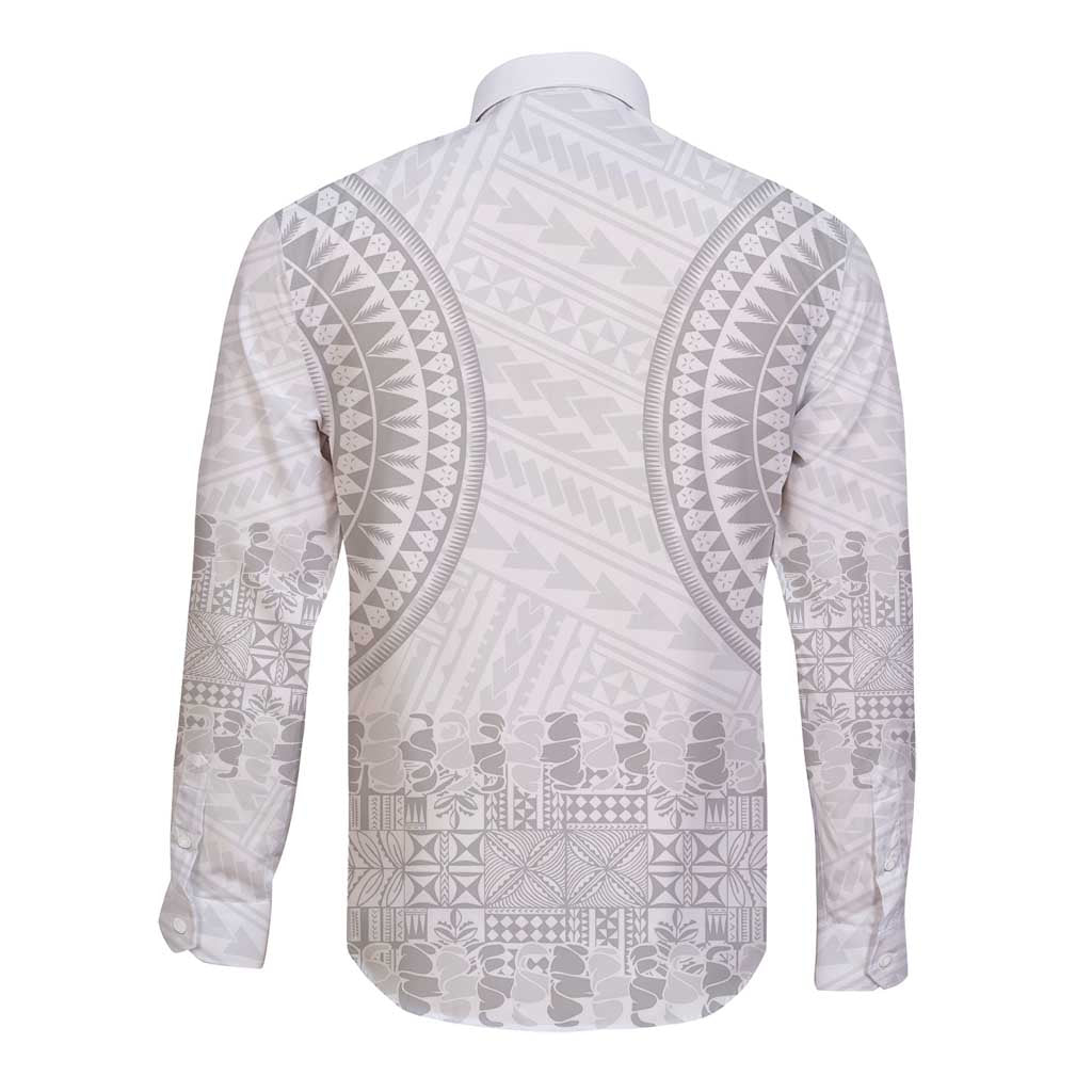 Niue White Sunday Long Sleeve Button Shirt Tapu Fanau Ia Puakenikeni Hiapo Pattern - Polynesian Pride