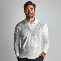 Niue White Sunday Long Sleeve Polo Shirt Tapu Fanau Ia Puakenikeni Hiapo Pattern - Polynesian Pride