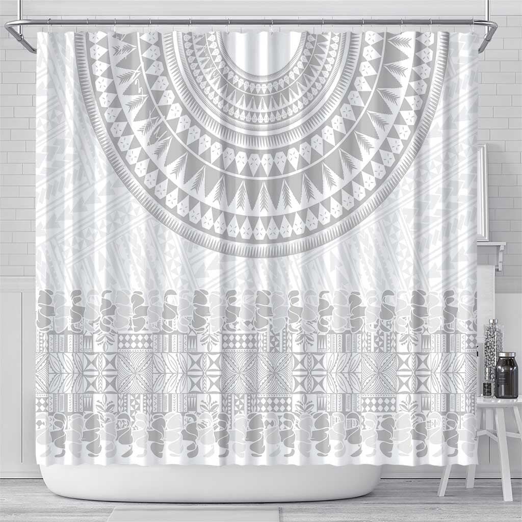Niue White Sunday Shower Curtain Tapu Fanau Ia Puakenikeni Hiapo Pattern - Polynesian Pride