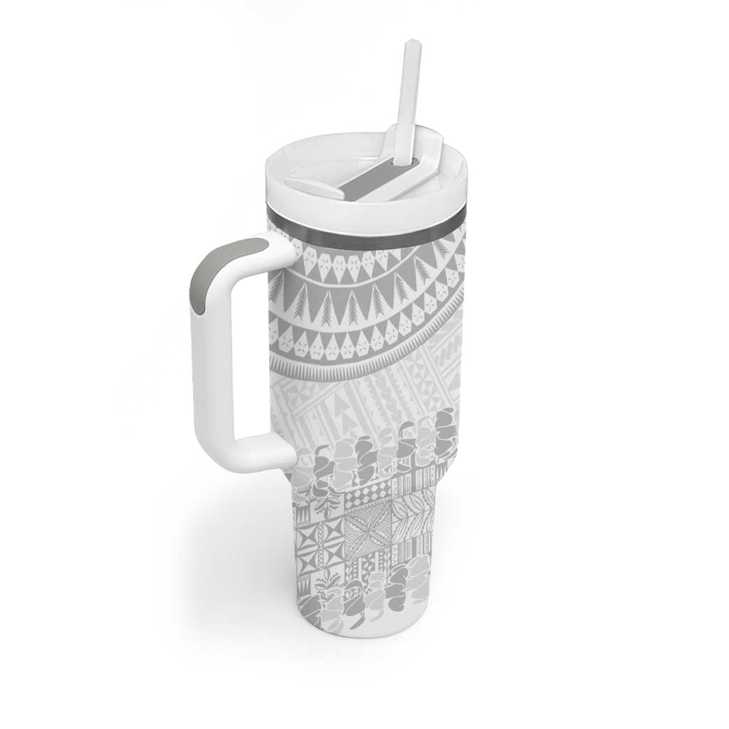 Niue White Sunday Tumbler With Handle Tapu Fanau Ia Puakenikeni Hiapo Pattern - Polynesian Pride
