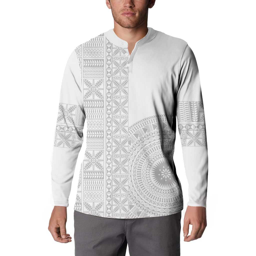 Niue White Sunday Button Sweatshirt Half Hiapo Pattern Vibes - Polynesian Pride