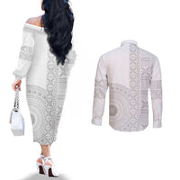 Niue White Sunday Couples Matching Off The Shoulder Long Sleeve Dress and Long Sleeve Button Shirt Half Hiapo Pattern Vibes - Polynesian Pride