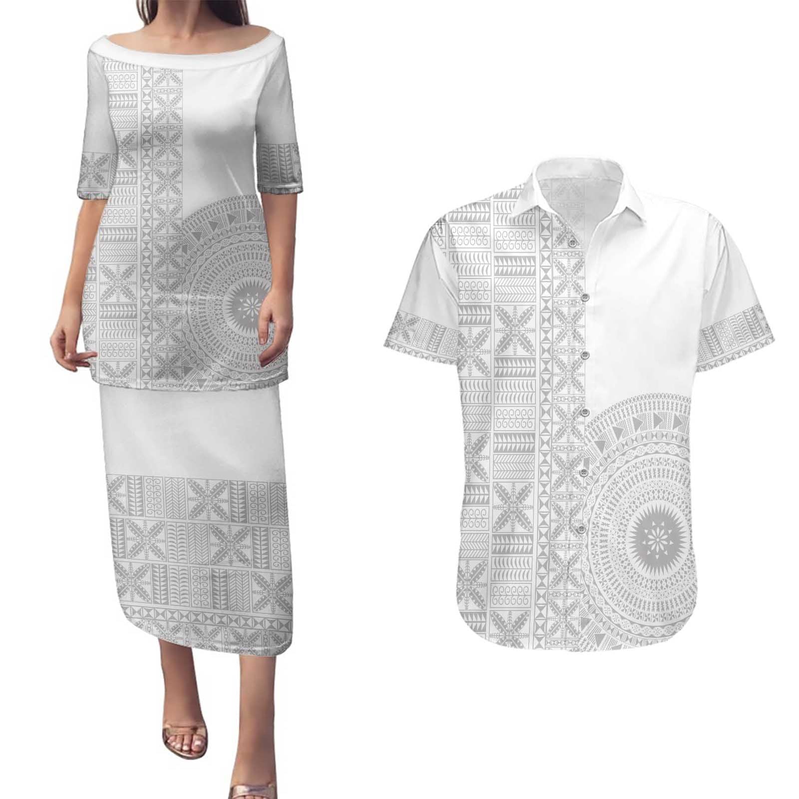 Niue White Sunday Couples Matching Puletasi and Hawaiian Shirt Half Hiapo Pattern Vibes - Polynesian Pride