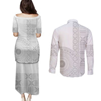 Niue White Sunday Couples Matching Puletasi and Long Sleeve Button Shirt Half Hiapo Pattern Vibes - Polynesian Pride