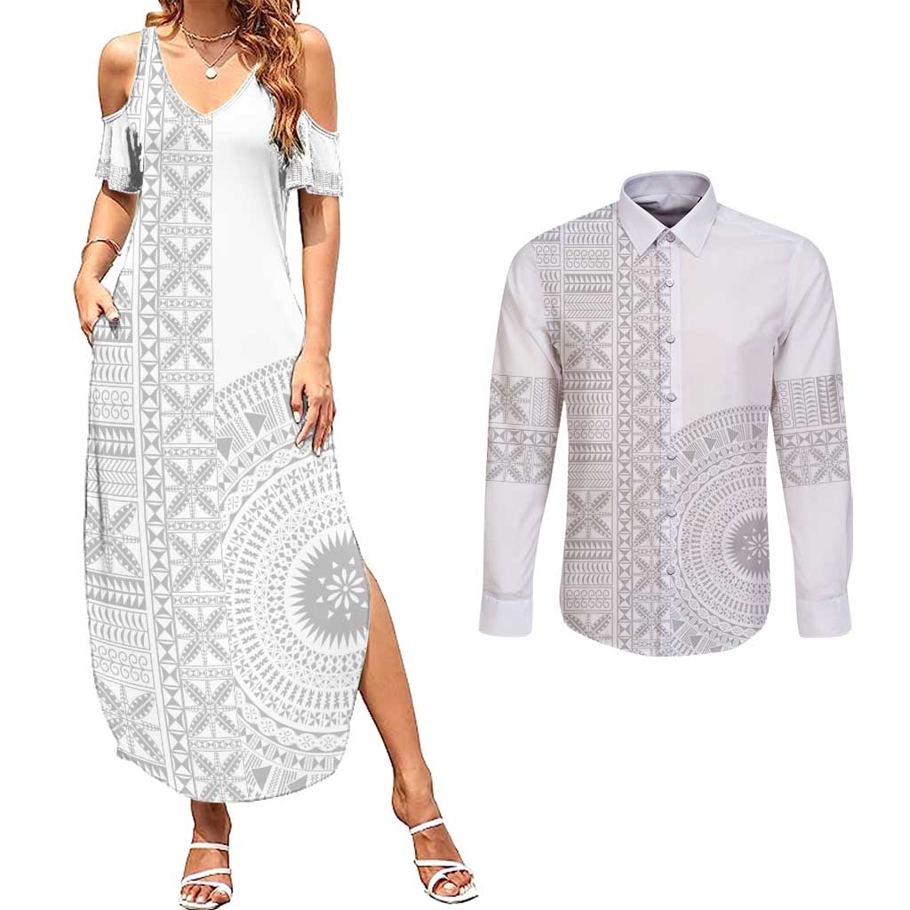Niue White Sunday Couples Matching Summer Maxi Dress and Long Sleeve Button Shirt Half Hiapo Pattern Vibes - Polynesian Pride