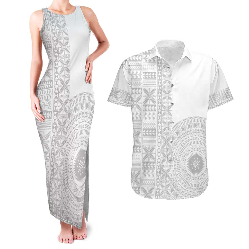Niue White Sunday Couples Matching Tank Maxi Dress and Hawaiian Shirt Half Hiapo Pattern Vibes - Polynesian Pride