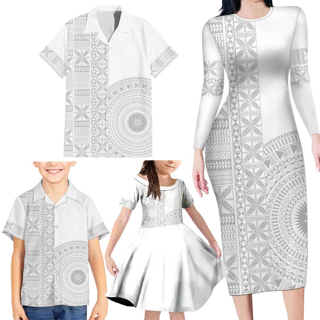 Niue White Sunday Family Matching Long Sleeve Bodycon Dress and Hawaiian Shirt Half Hiapo Pattern Vibes - Polynesian Pride