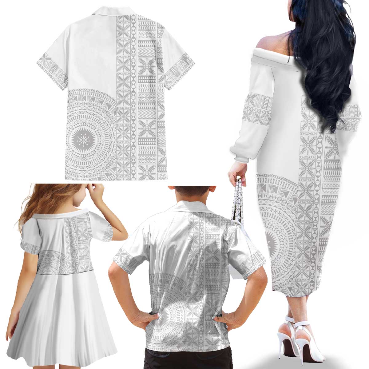 Niue White Sunday Family Matching Off The Shoulder Long Sleeve Dress and Hawaiian Shirt Half Hiapo Pattern Vibes - Polynesian Pride