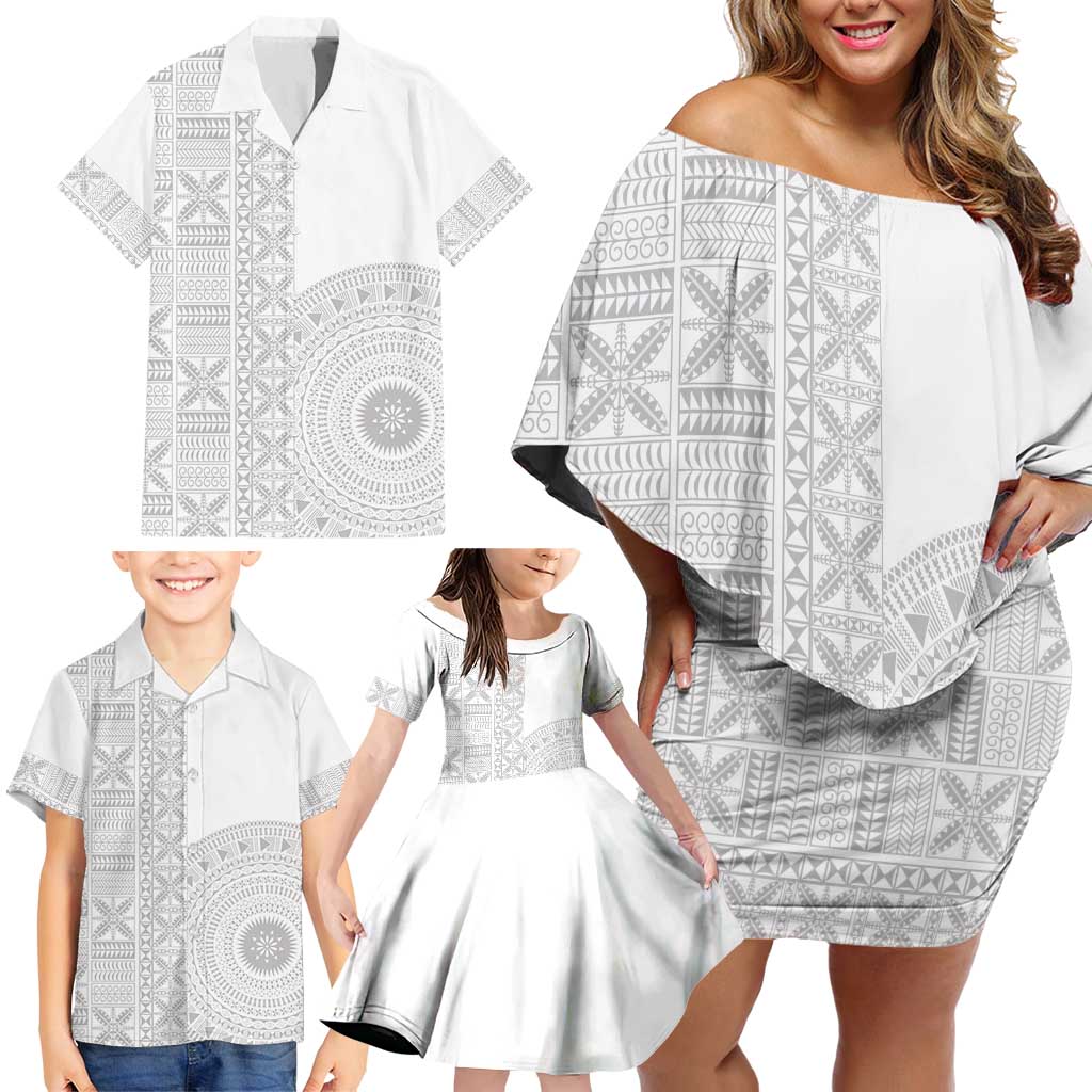 Niue White Sunday Family Matching Off Shoulder Short Dress and Hawaiian Shirt Half Hiapo Pattern Vibes - Polynesian Pride