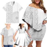 Niue White Sunday Family Matching Off Shoulder Short Dress and Hawaiian Shirt Half Hiapo Pattern Vibes - Polynesian Pride