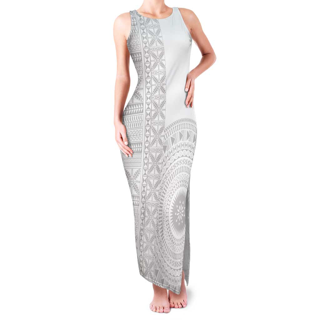 Niue White Sunday Family Matching Tank Maxi Dress and Hawaiian Shirt Half Hiapo Pattern Vibes - Polynesian Pride