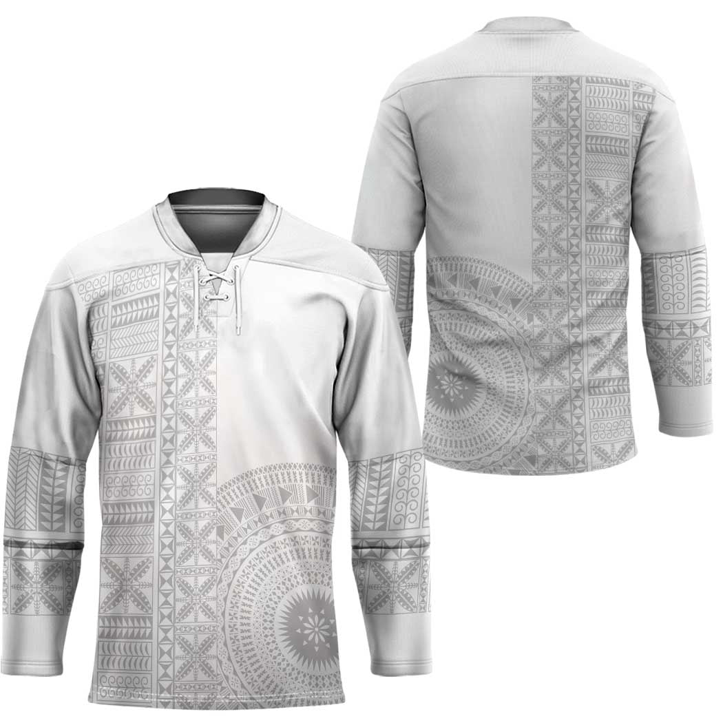 Niue White Sunday Hockey Jersey Half Hiapo Pattern Vibes - Polynesian Pride