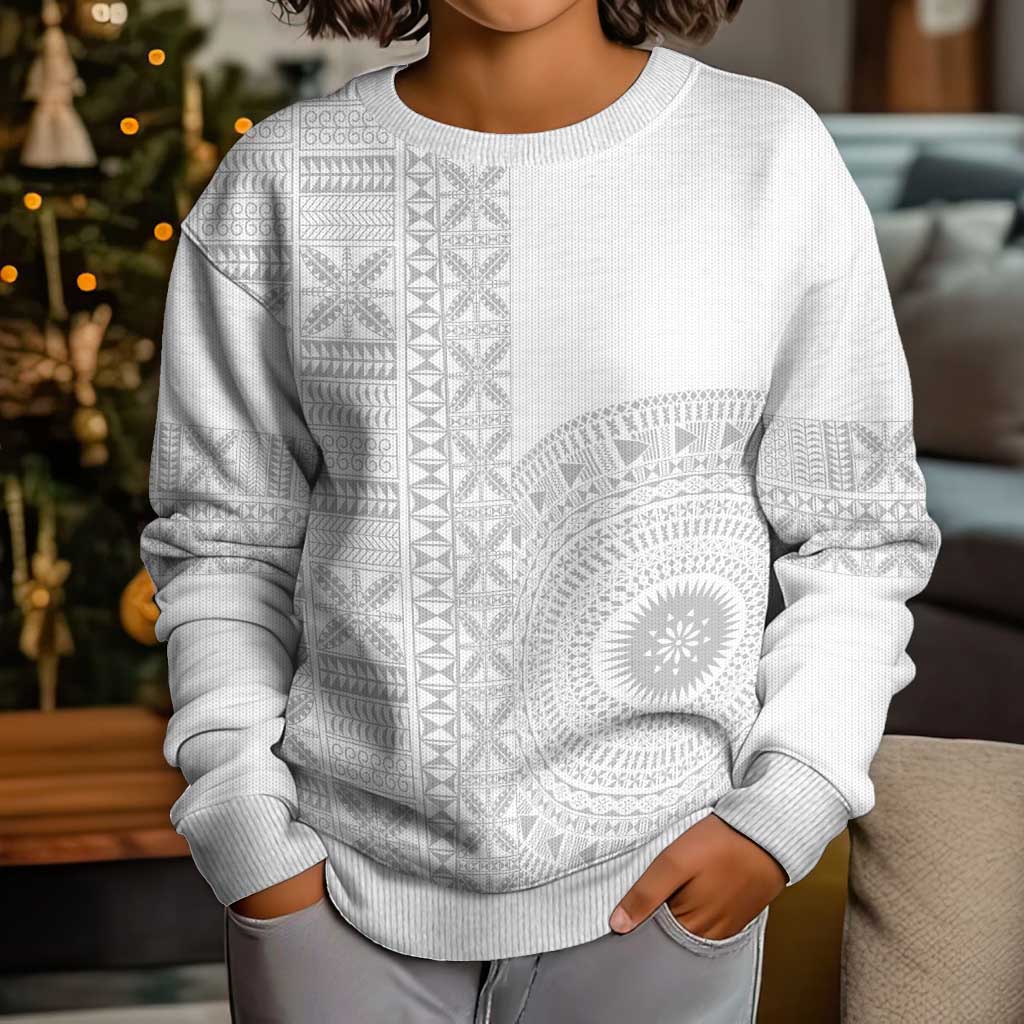 Niue White Sunday Kid Ugly Christmas Sweater Half Hiapo Pattern Vibes - Polynesian Pride