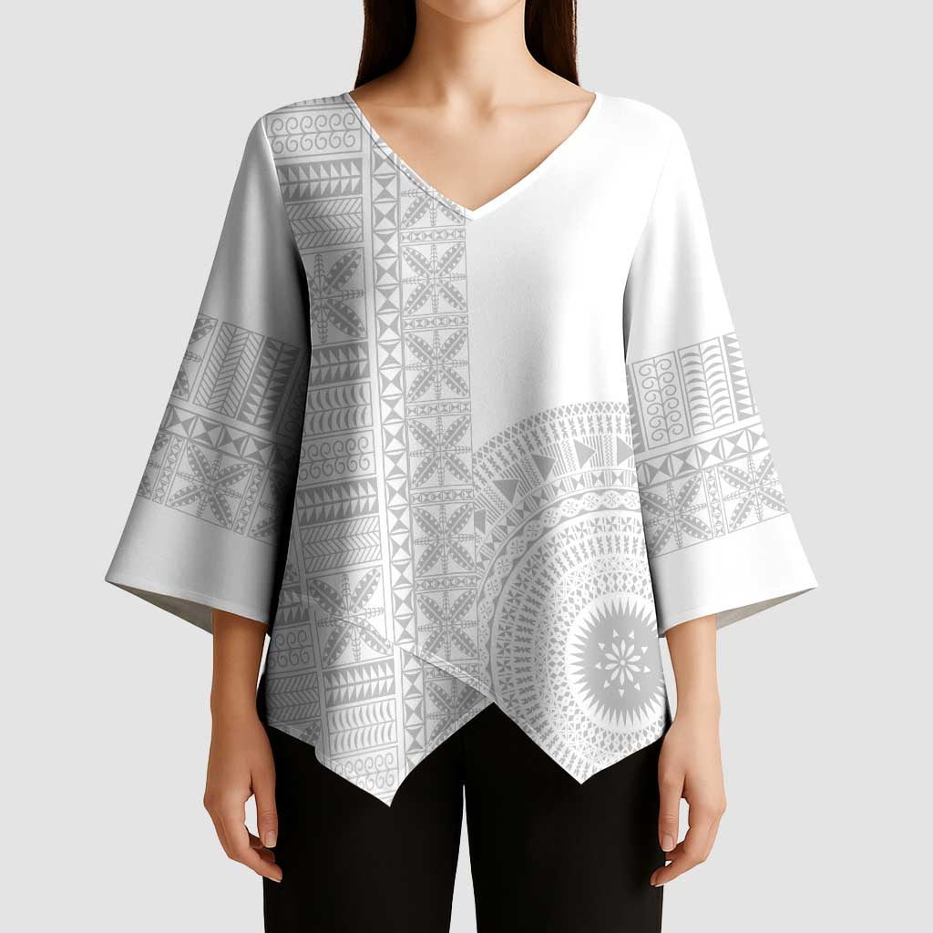 Niue White Sunday Kimono Sleeve Blouse Half Hiapo Pattern Vibes - Polynesian Pride